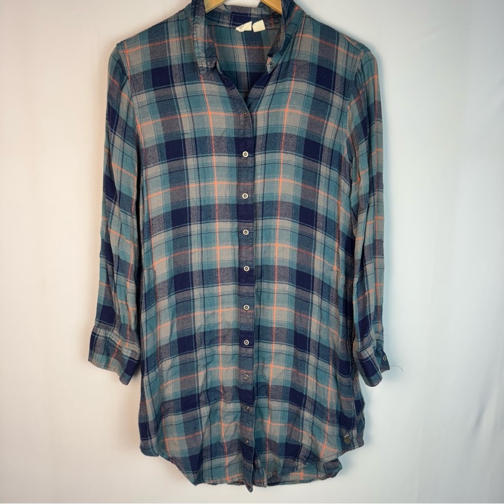 Roxy Long Sleeve Plaid Button-Up Blue/Peach Shirt